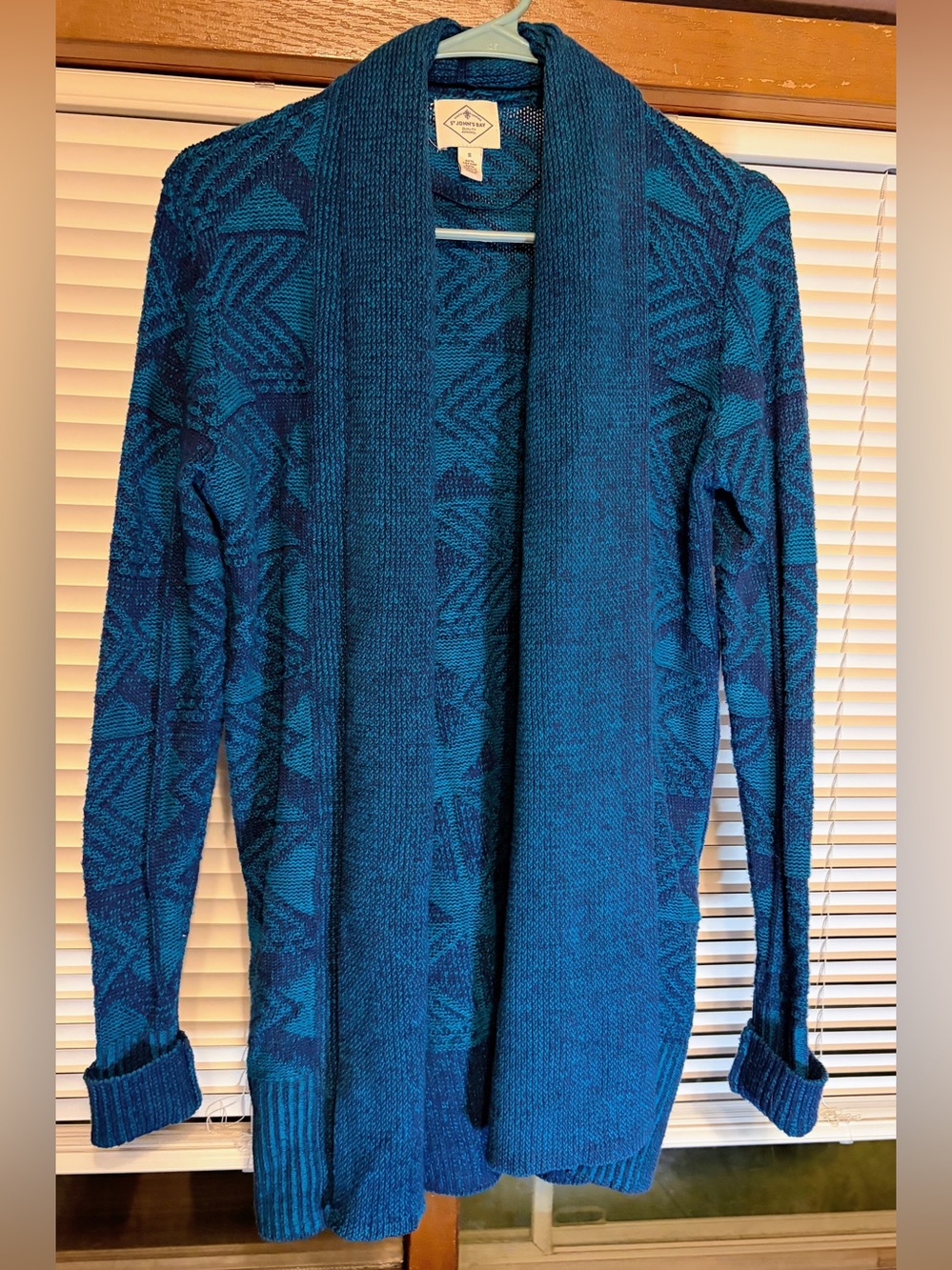 St. John's Bay Teal and Navy Geometric Open-Front Women’s Cardigan size small